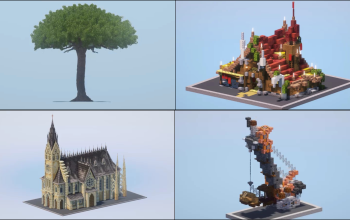 4 Minecraft Builds: Gothic Church, Orcish Tent, Tree, Crane